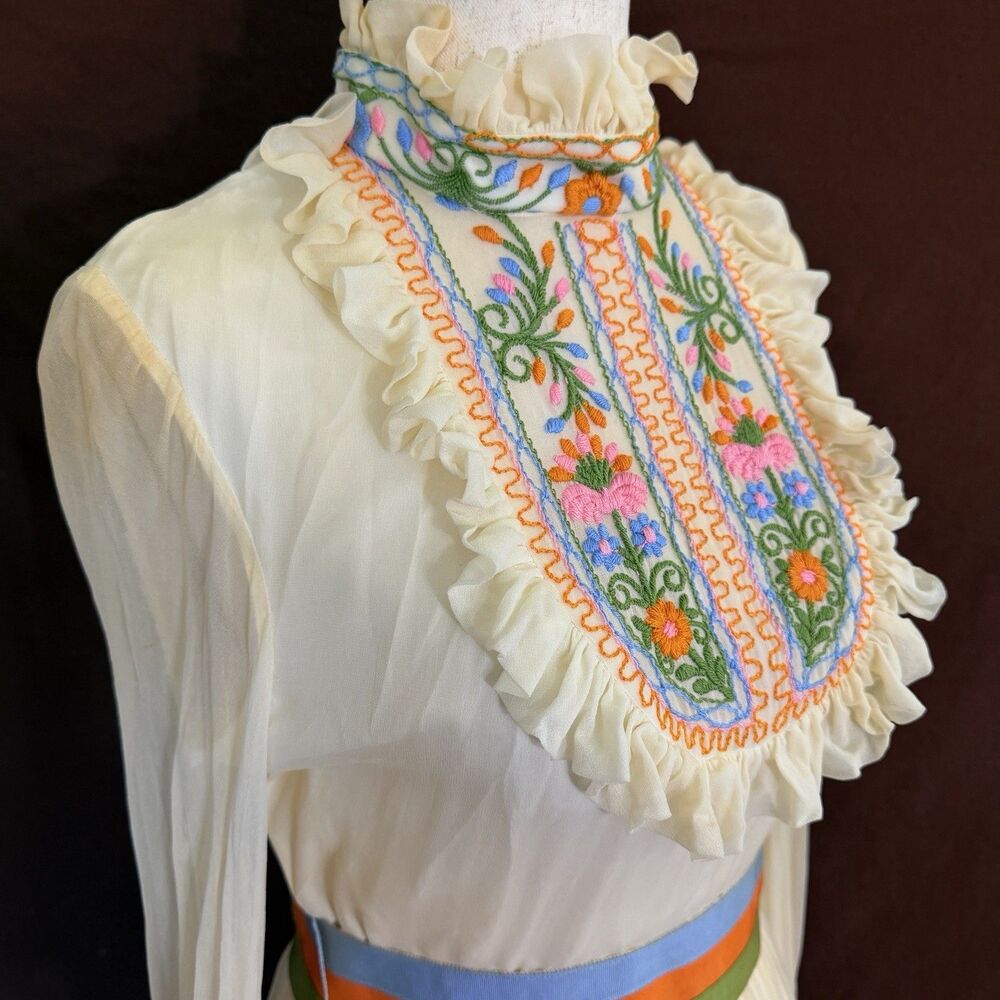Vintage Prairie Maxi Dress S Embroidered Floral Sheer Sleeves Boho Cottagecore - Picture 3 of 13